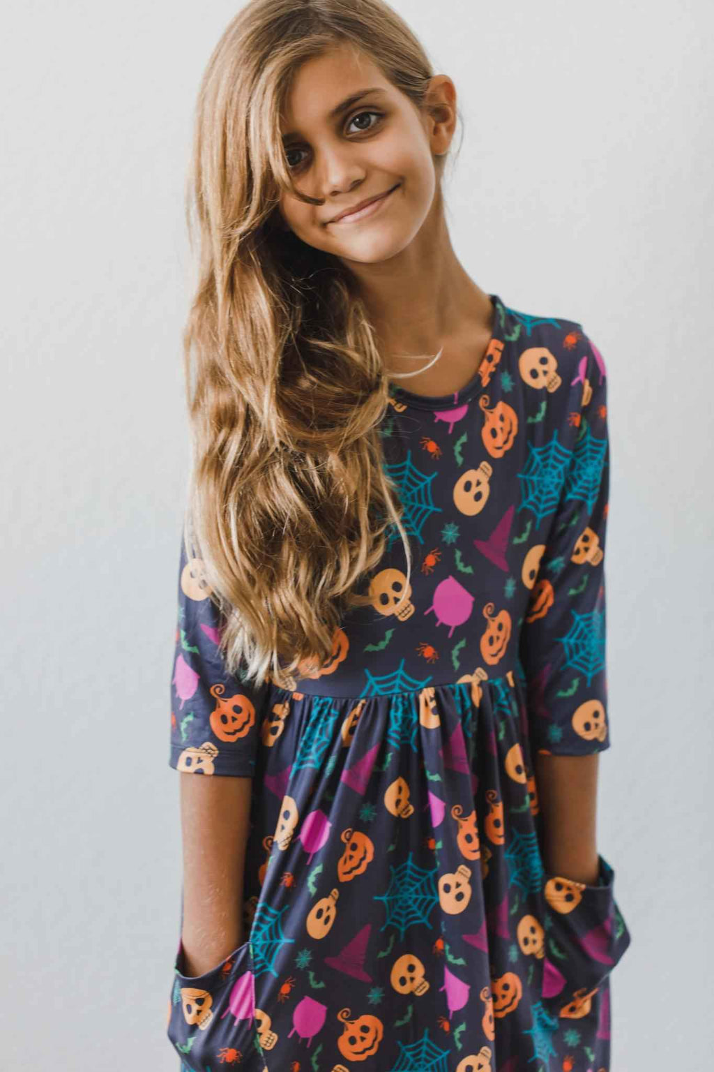 Skeleton Web 3/4 Sleeve Pocket Twirl Dress - Meera's Mini Mavericks
