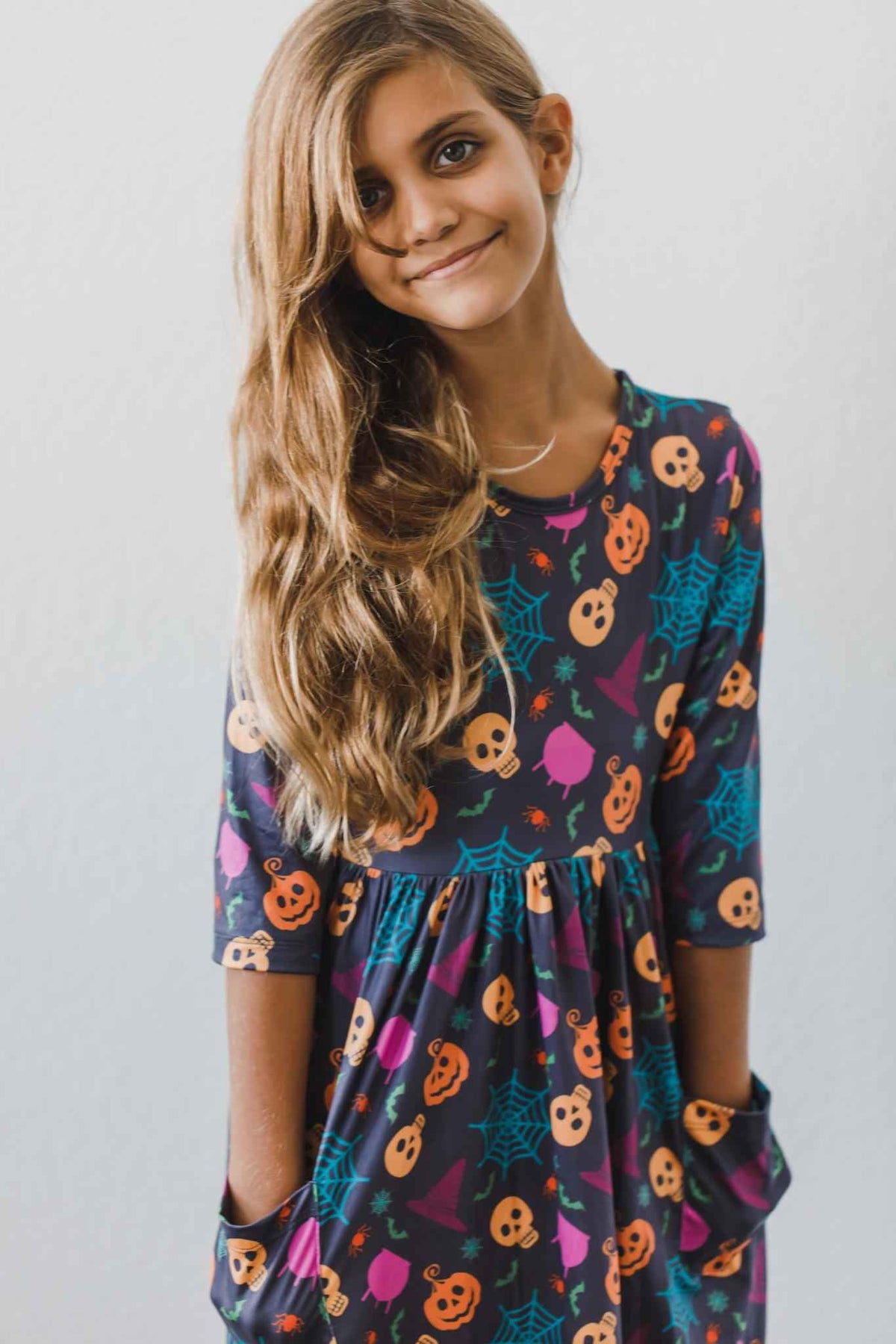 Skeleton Web 3/4 Sleeve Pocket Twirl Dress - Meera's Mini Mavericks