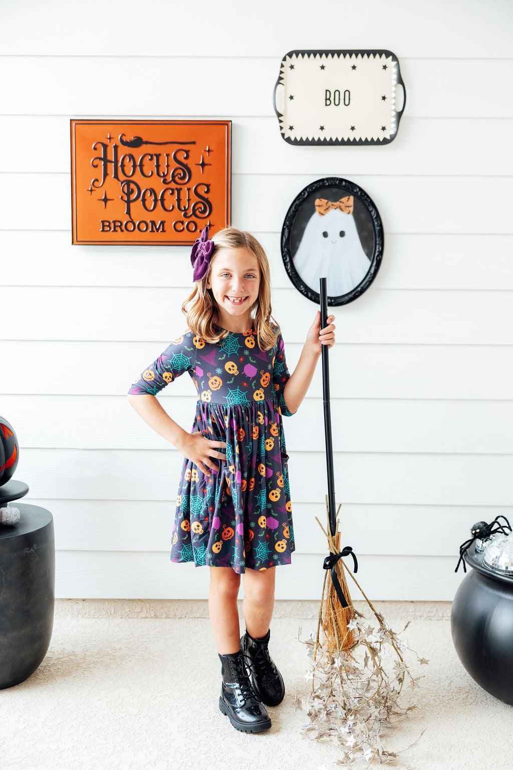 Skeleton Web 3/4 Sleeve Pocket Twirl Dress - Meera's Mini Mavericks