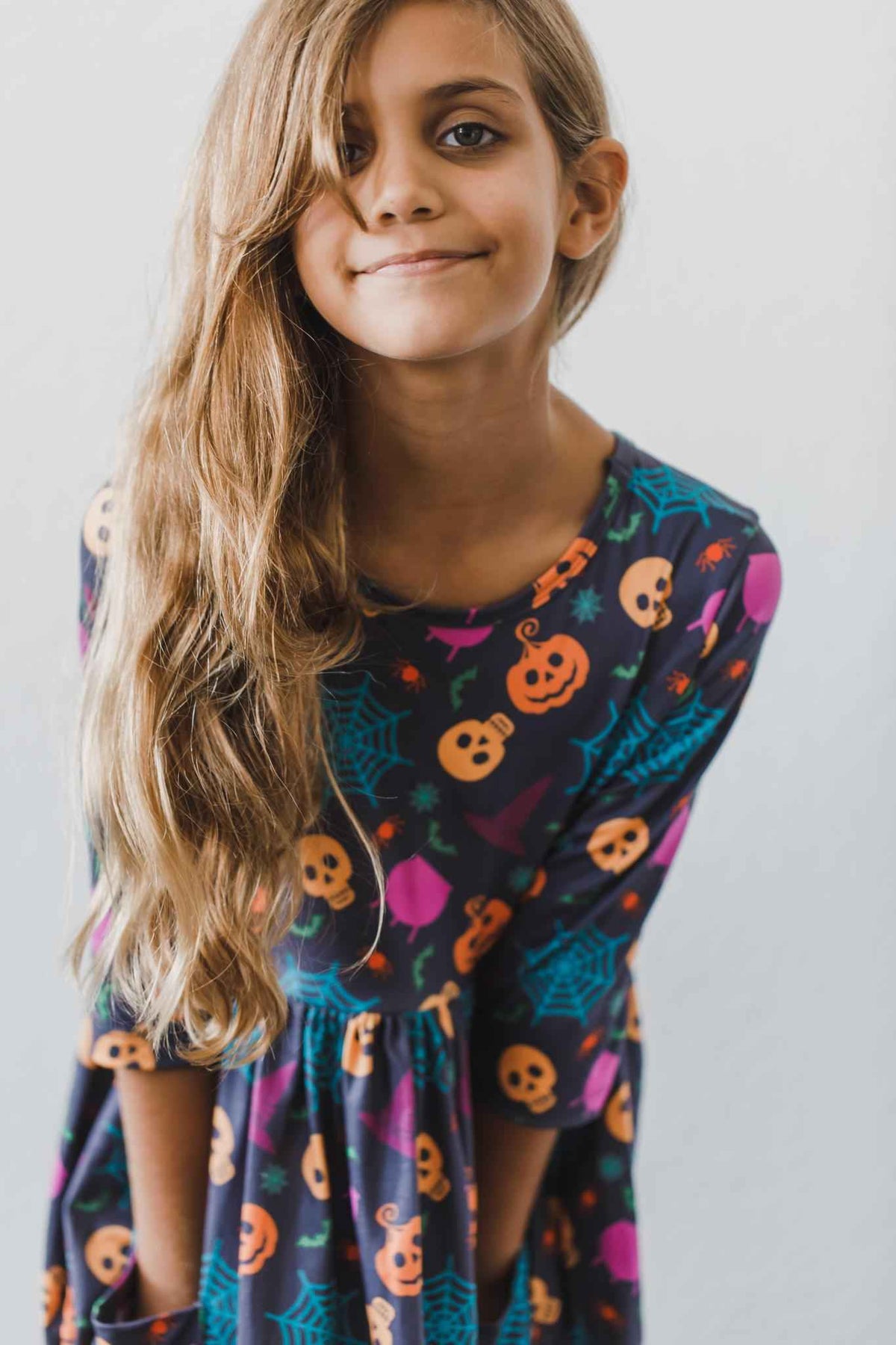 Skeleton Web 3/4 Sleeve Pocket Twirl Dress - Meera's Mini Mavericks