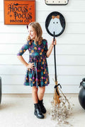 Skeleton Web 3/4 Sleeve Pocket Twirl Dress - Meera's Mini Mavericks