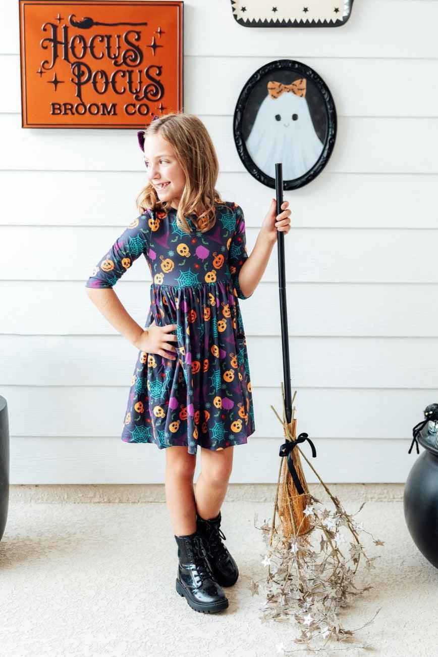Skeleton Web 3/4 Sleeve Pocket Twirl Dress - Meera's Mini Mavericks