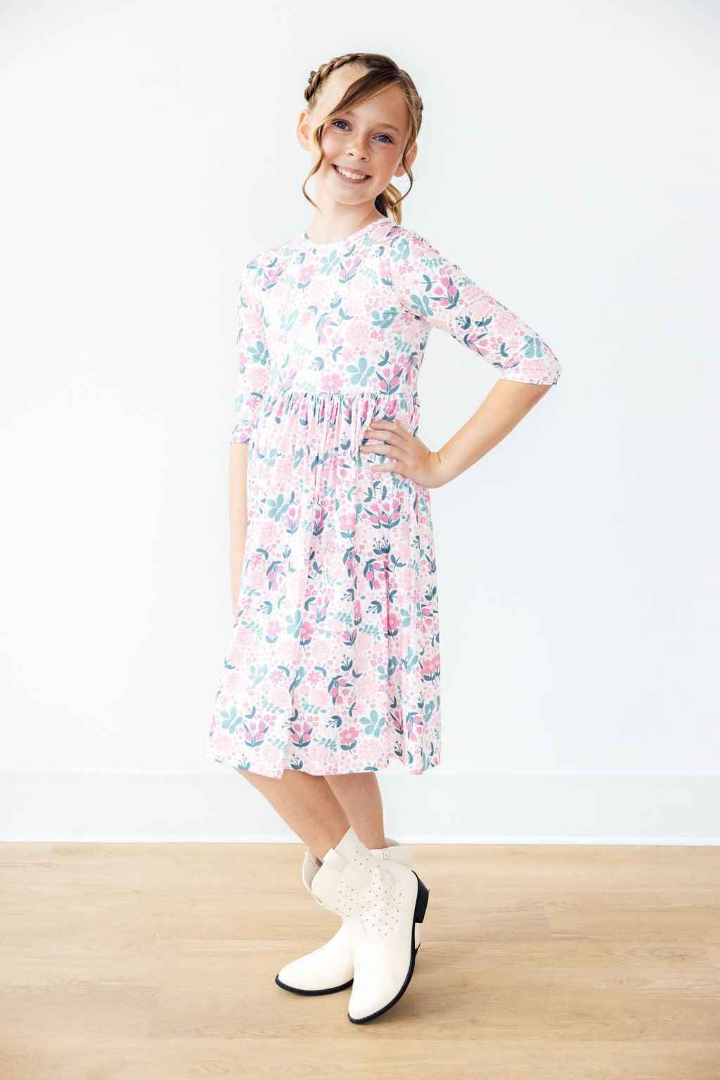 Softly Blooming 3/4 Sleeve Pocket Twirl Dress - Meera's Mini Mavericks