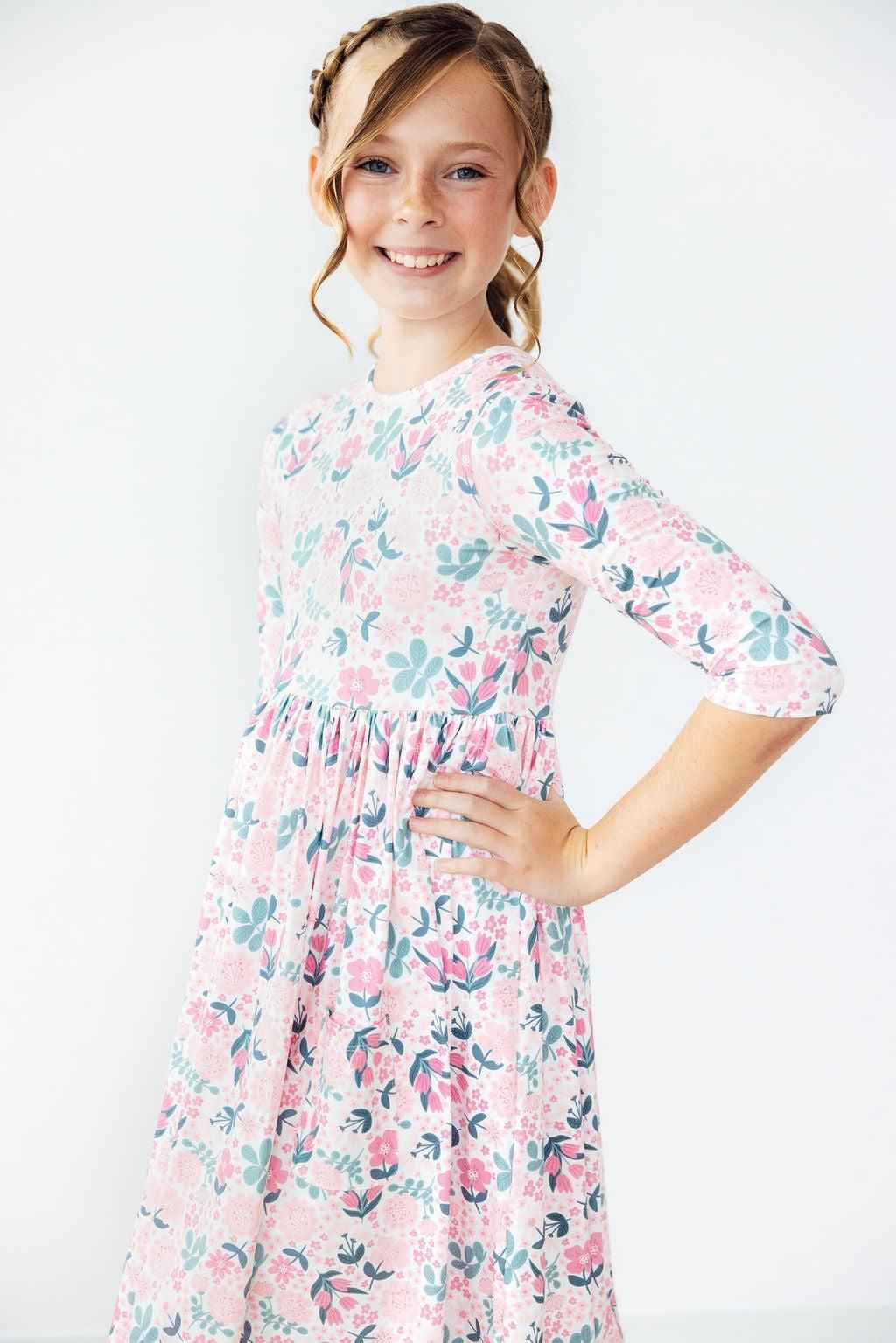 Softly Blooming 3/4 Sleeve Pocket Twirl Dress - Meera's Mini Mavericks