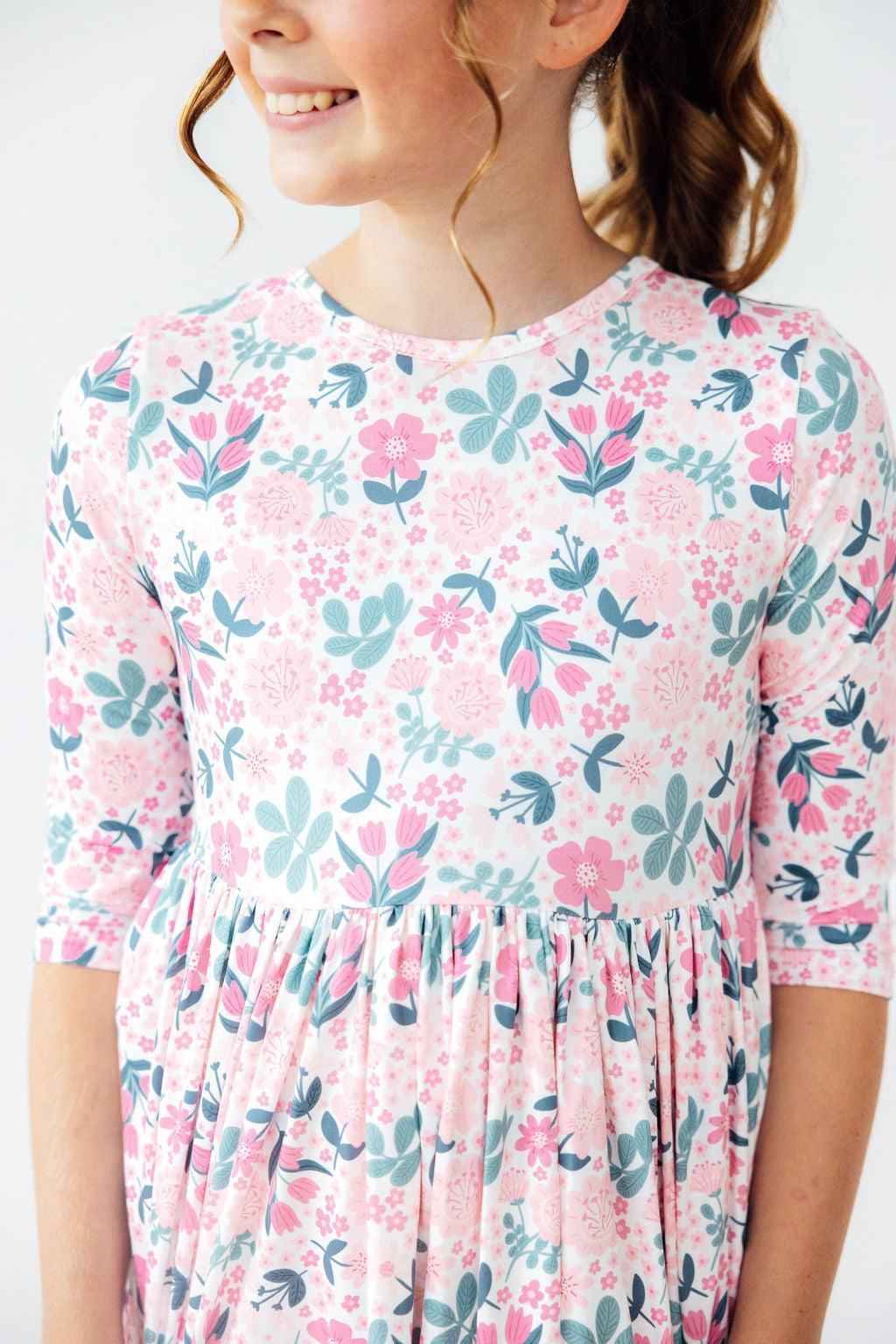 Softly Blooming 3/4 Sleeve Pocket Twirl Dress - Meera's Mini Mavericks