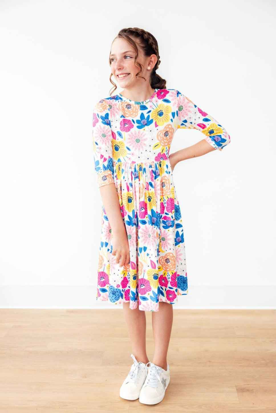 SALE Sunshine Floral 3/4 Sleeve Pocket Twirl Dress
