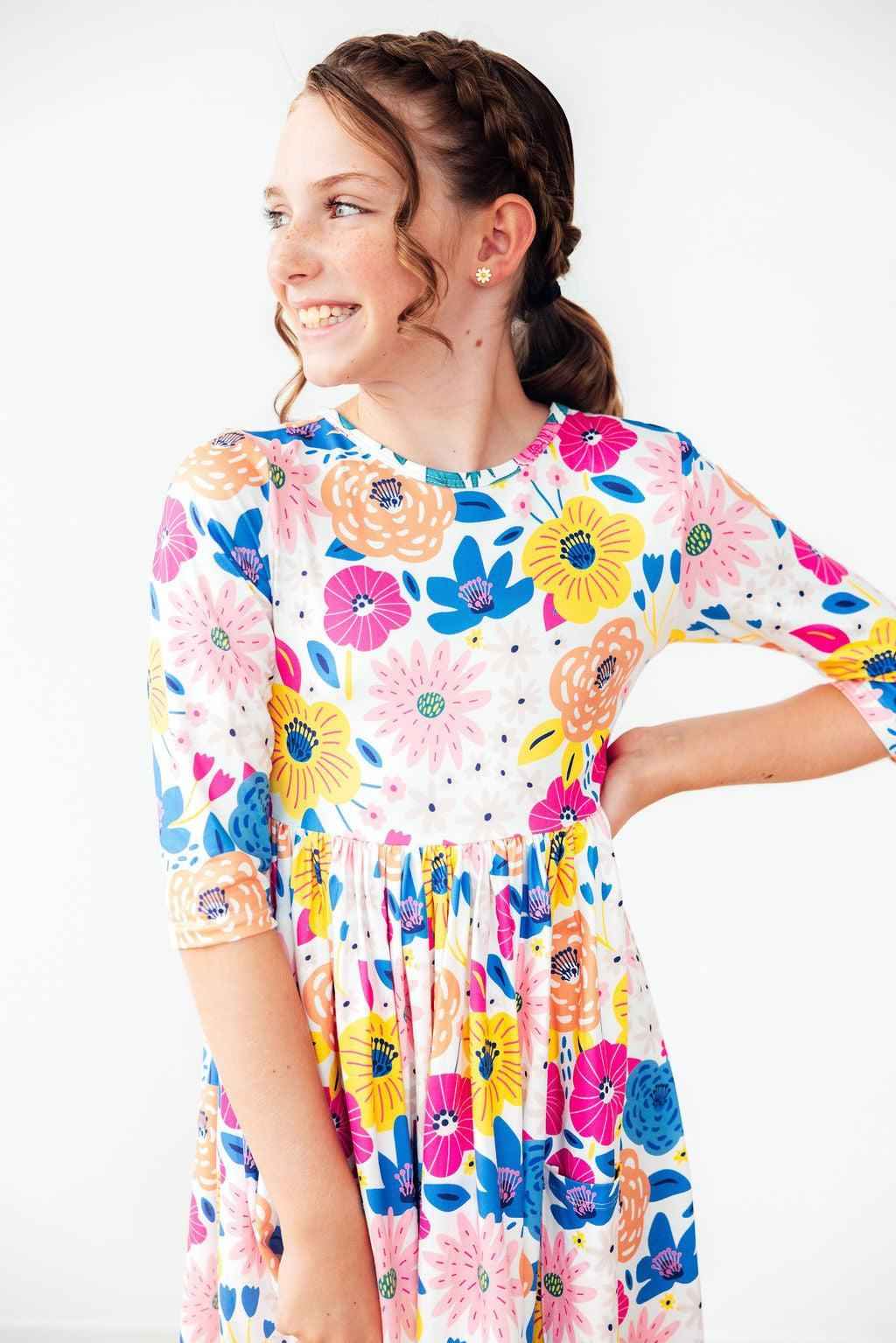 SALE Sunshine Floral 3/4 Sleeve Pocket Twirl Dress
