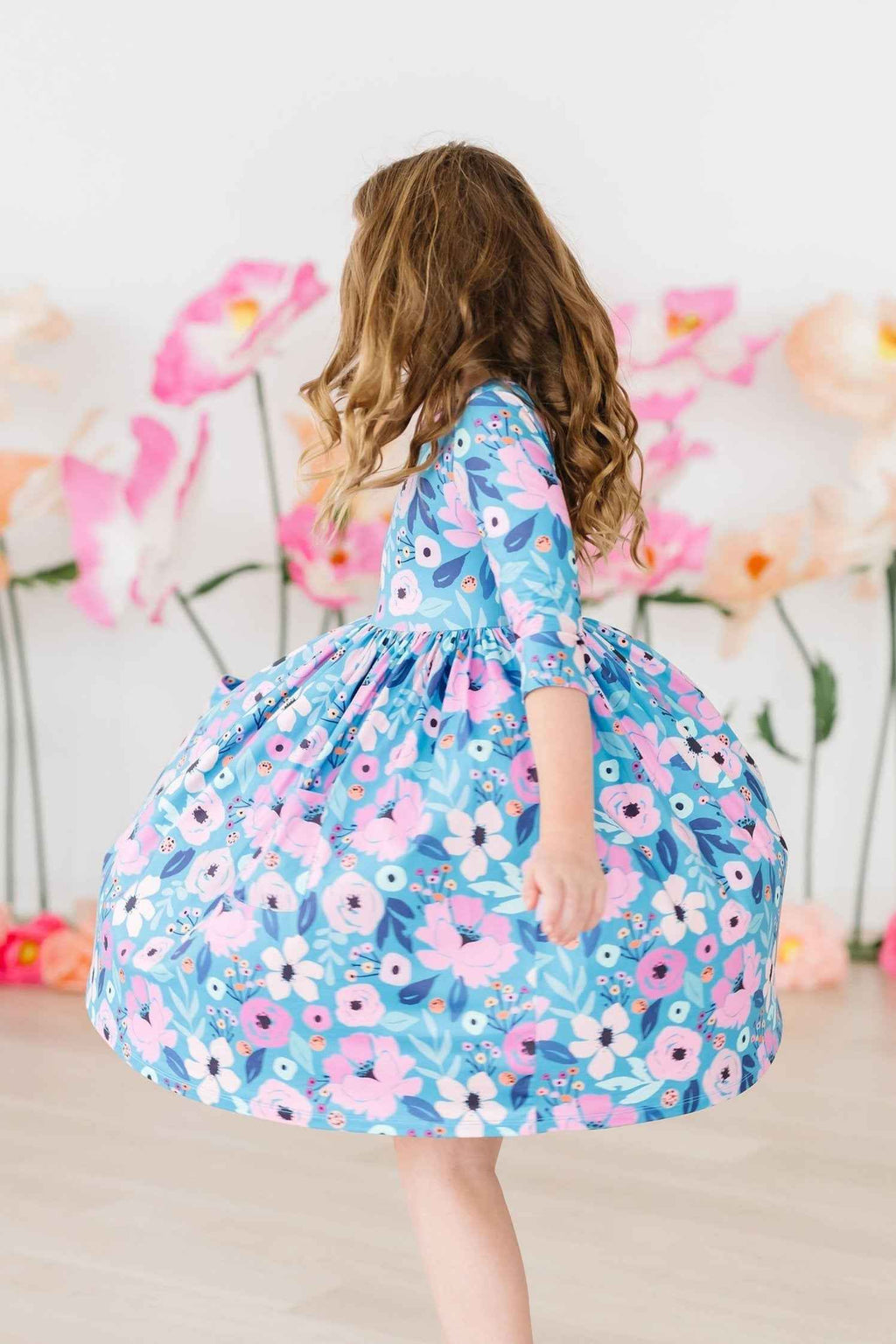 Twirling in Teal 3/4 Sleeve Pocket Twirl Dress - Meera's Mini Mavericks
