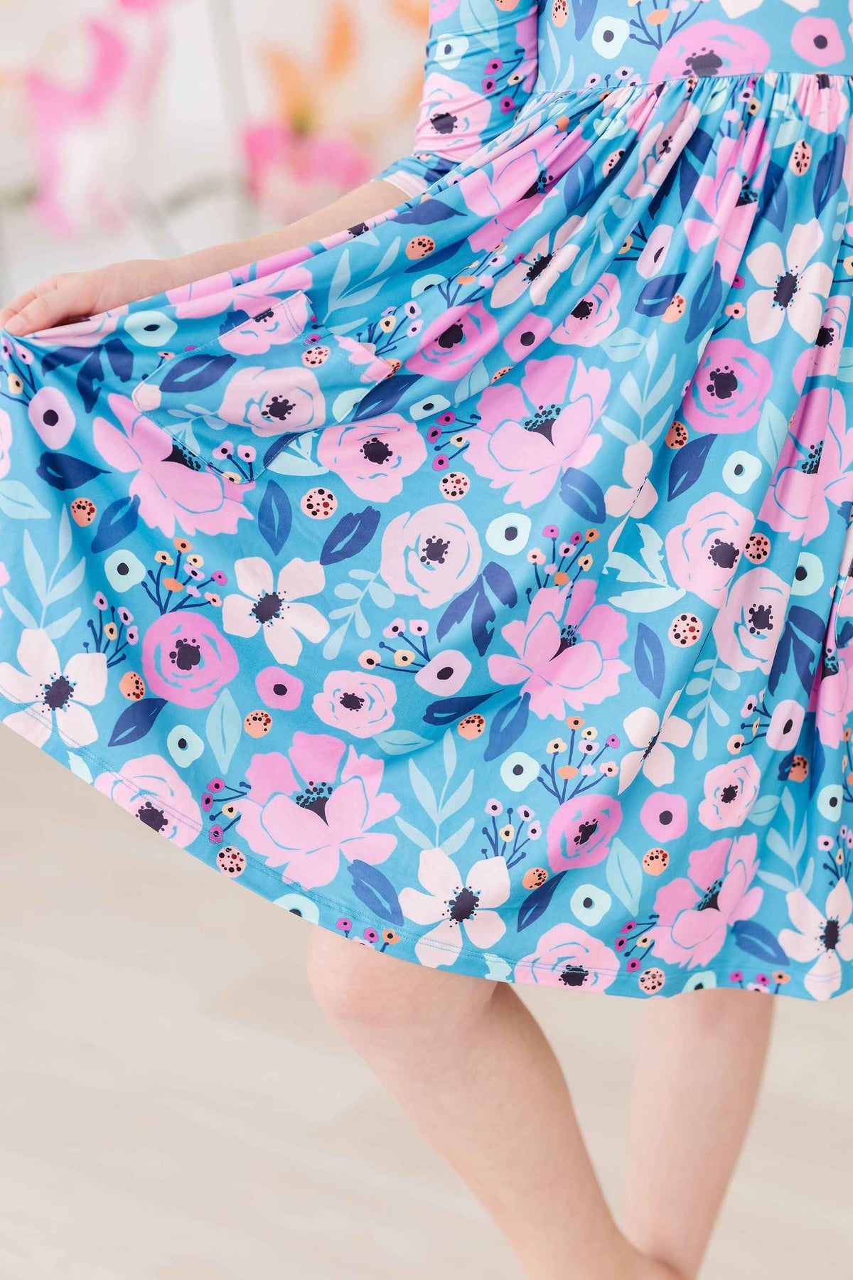 Twirling in Teal 3/4 Sleeve Pocket Twirl Dress - Meera's Mini Mavericks