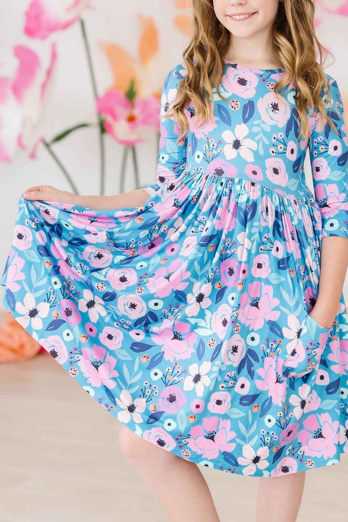 Twirling in Teal 3/4 Sleeve Pocket Twirl Dress - Meera's Mini Mavericks