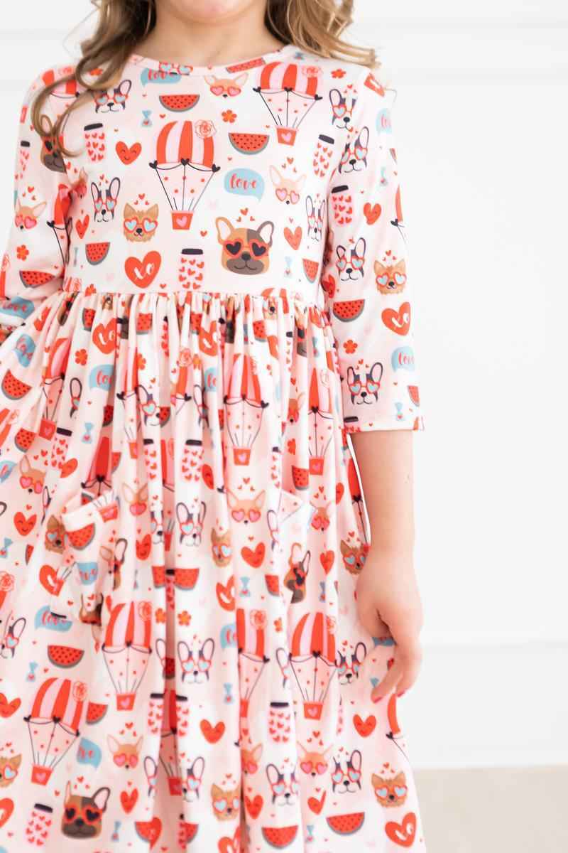 Puppy Love 3/4 Sleeve Pocket Twirl Dress - Meera's Mini Mavericks