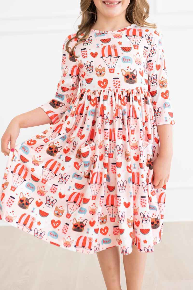 Puppy Love 3/4 Sleeve Pocket Twirl Dress - Meera's Mini Mavericks