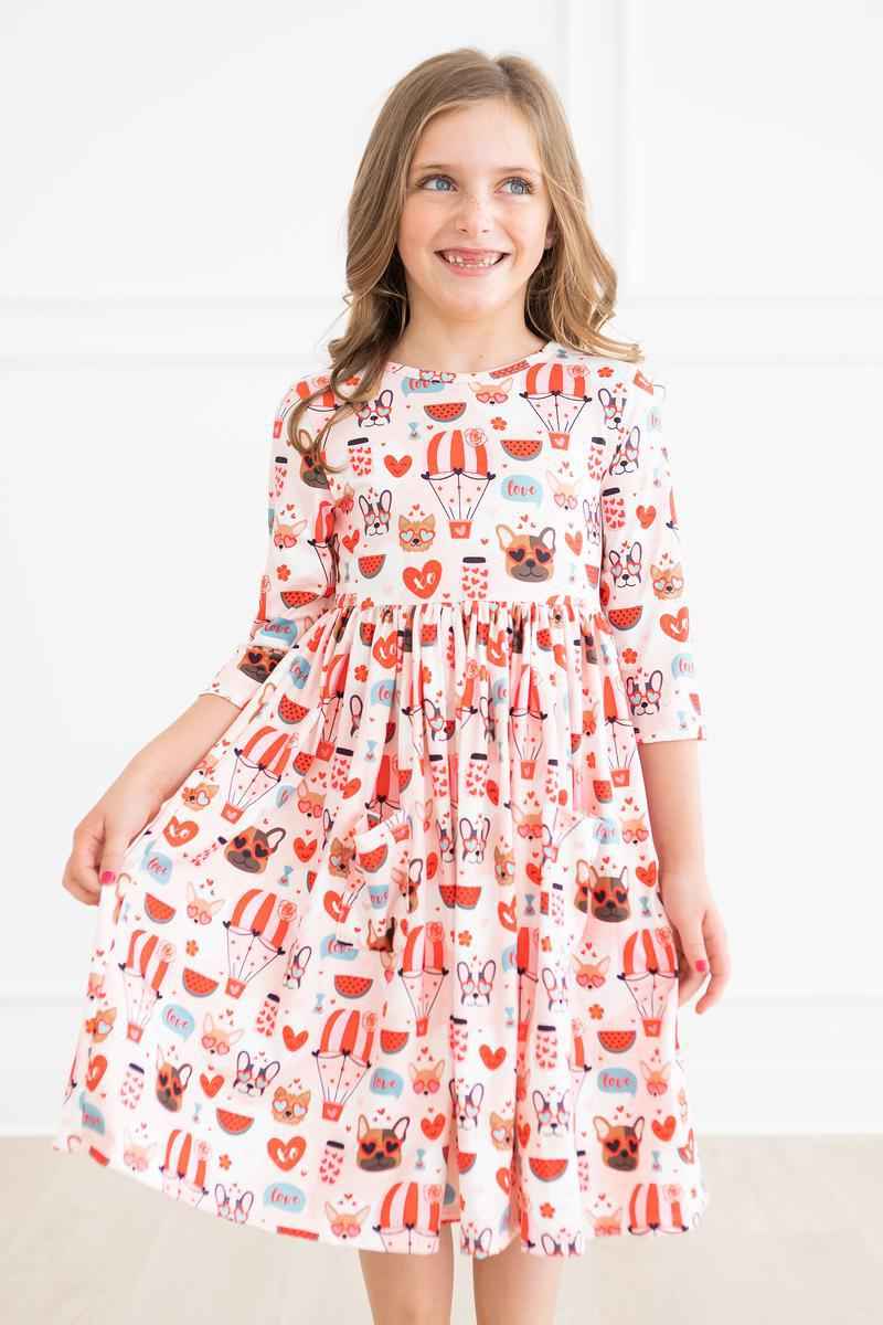 Puppy Love 3/4 Sleeve Pocket Twirl Dress - Meera's Mini Mavericks