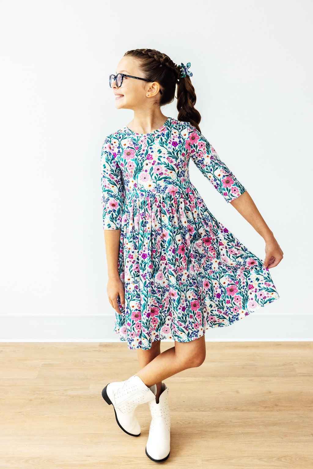 Vivid Garden 3/4 Sleeve Pocket Twirl Dress - Meera's Mini Mavericks