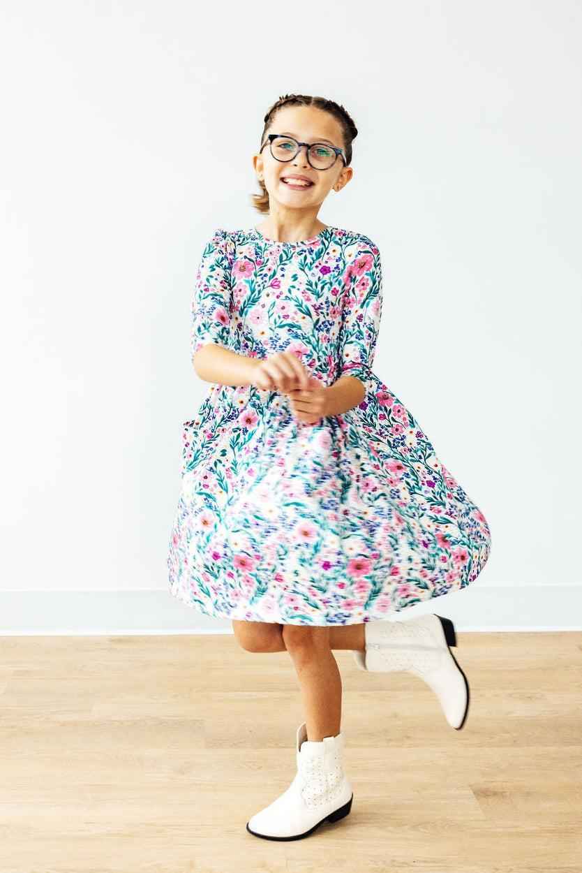 Vivid Garden 3/4 Sleeve Pocket Twirl Dress - Meera's Mini Mavericks