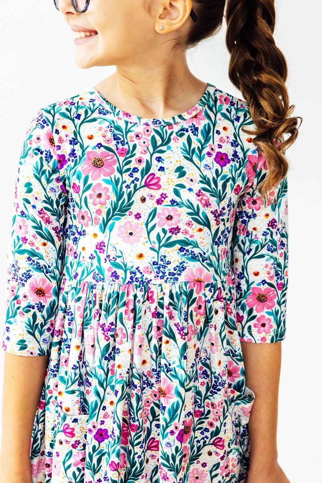Vivid Garden 3/4 Sleeve Pocket Twirl Dress - Meera's Mini Mavericks