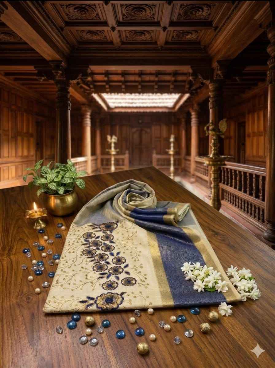 Kuthampully Embroidered Tissue Kasavu Saree – Royal Blue/ Navy Blue  Floral Edition