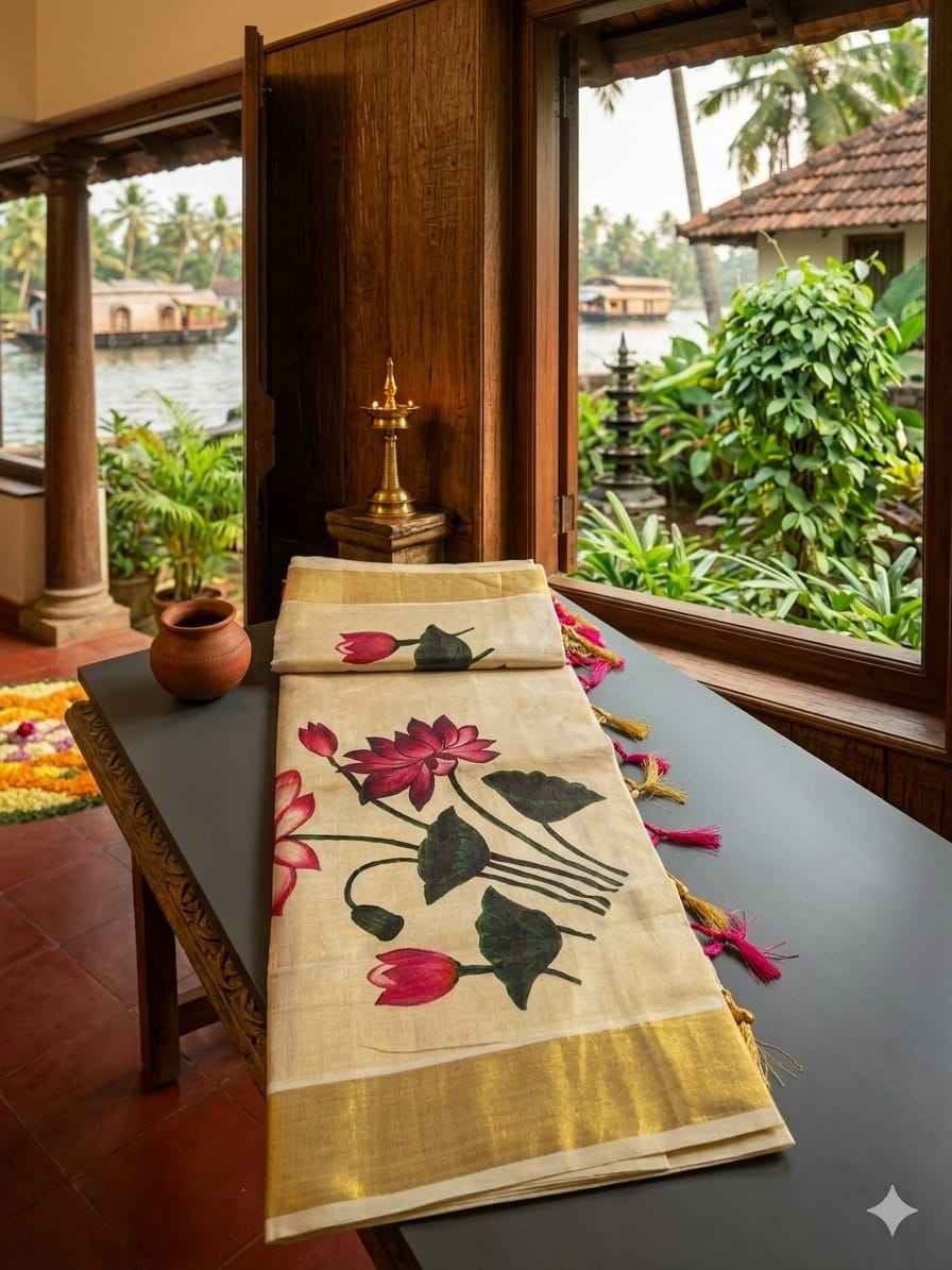 Kuthampully Kasavu Tissue Saree with Hand-Painted Maroon Lotus Blooms