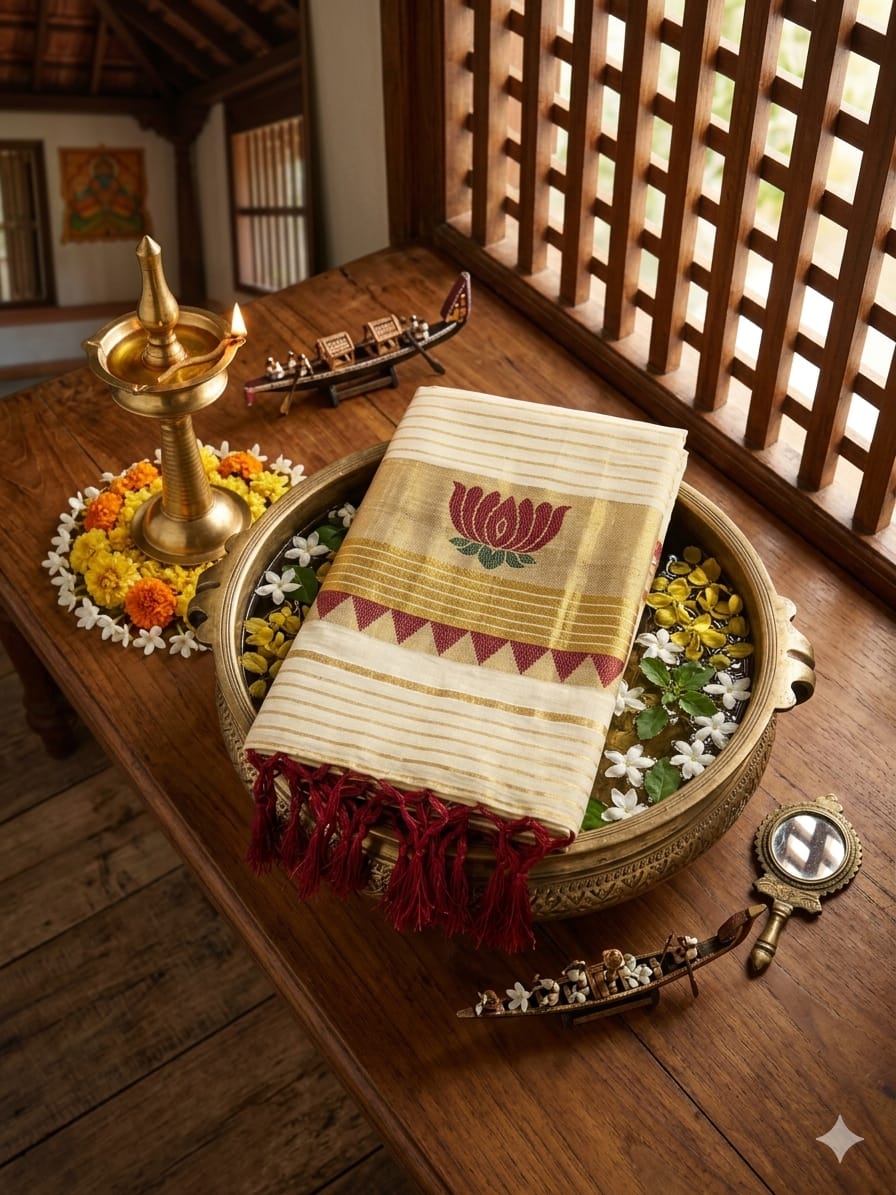Maroon Lotus: Kerala Tissue Cotton Saree with Lotus Motif - Meera's Mini Mavericks