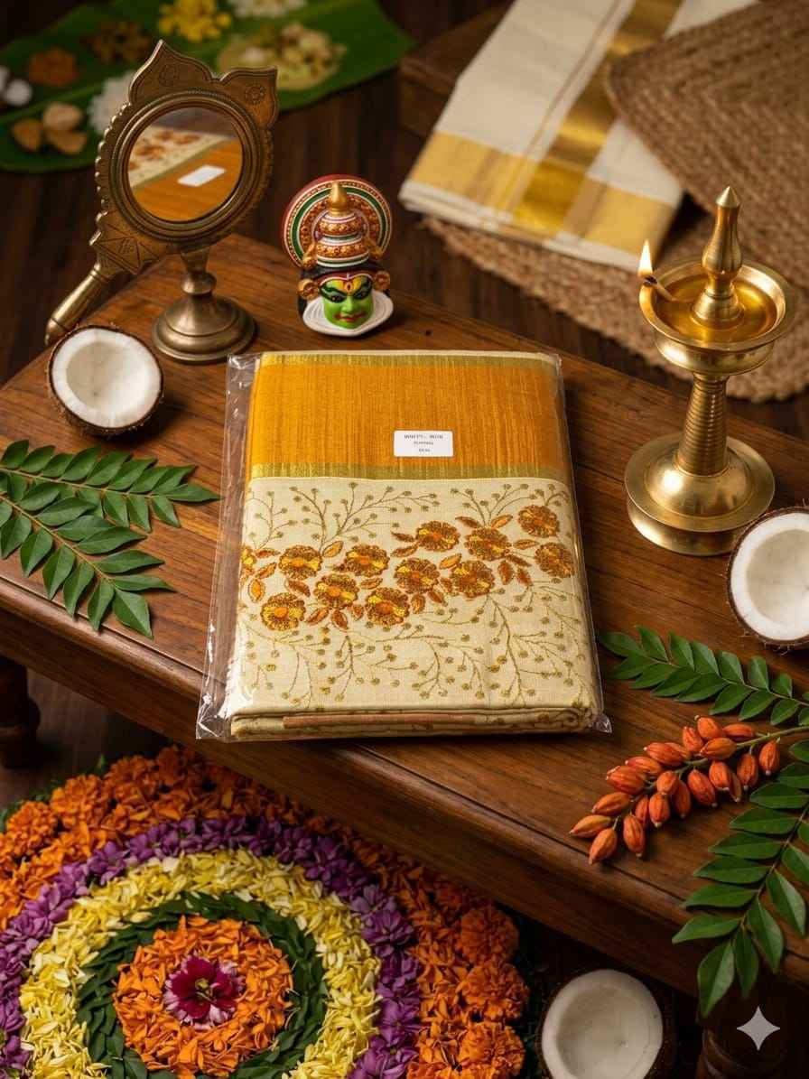 The Pushpanjali – Floral Embroidery Kasavu Tissue Cotton Saree (Mustard Gold Variant)
