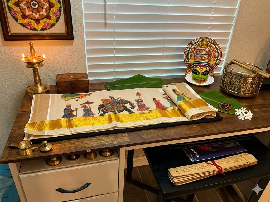 Kerala Kasavu Tissue Saree – Royal Procession Mural Design - Meera's Mini Mavericks