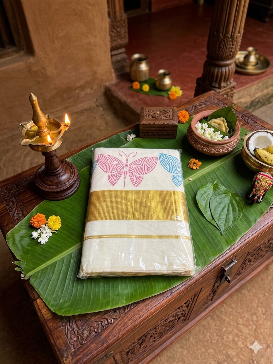 The Butterfly Symphony – Kuthampully Kasavu Cotton Saree - Meera's Mini Mavericks
