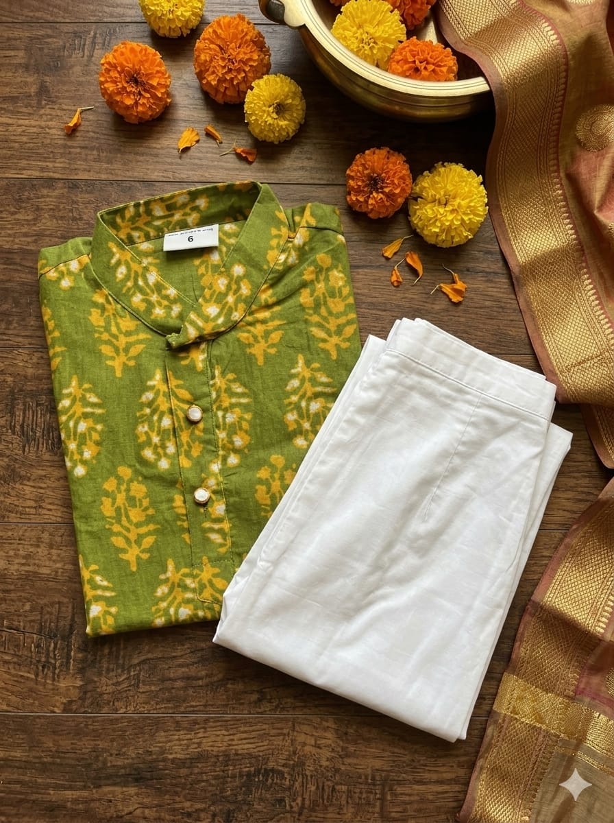 Boys’ Premium Cotton Olive Green Floral 2-Piece Kurta Pyjama Set