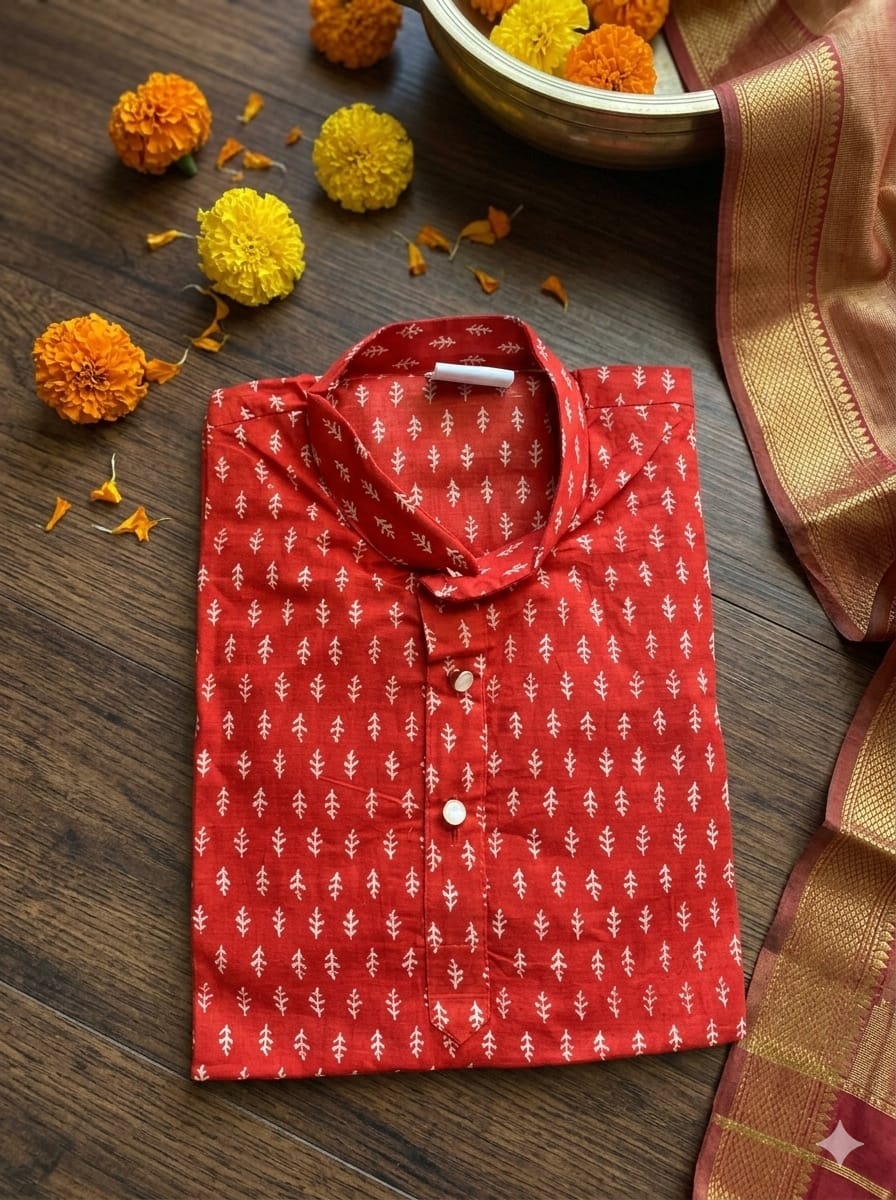 Boys’ Premium Cotton Red Festive 2-Piece Kurta Pyjama Set