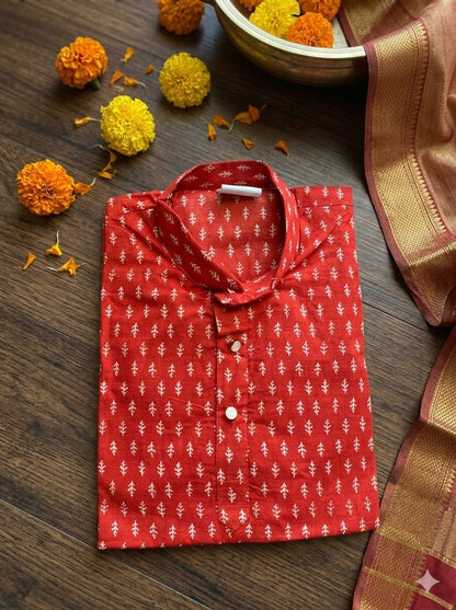 Boys’ Premium Cotton Red Festive 2-Piece Kurta Pyjama Set