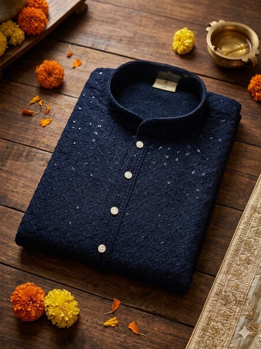 Youth Premium Festive Navy Blue Chikankari 2-Piece Kurta Pyjama Set