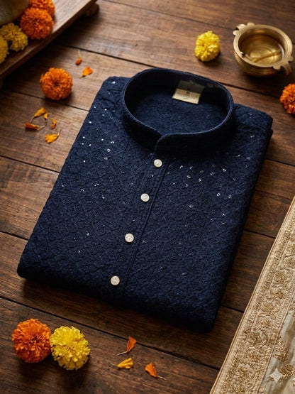 Youth Premium Festive Navy Blue Chikankari 2-Piece Kurta Pyjama Set