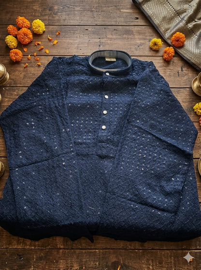 Youth Premium Festive Navy Blue Chikankari 2-Piece Kurta Pyjama Set