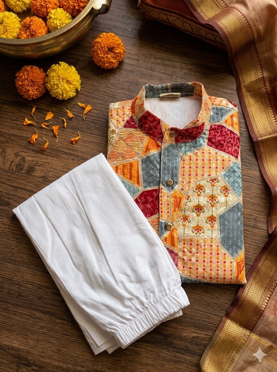 Boys’ Premium Festive Patchwork Geometric 2-Piece Kurta Pyjama Set