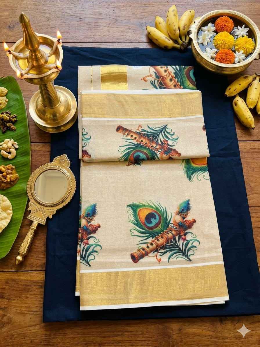 The Mural Murali - Lord Krishna's Flute Heritage Handloom Tissue Saree