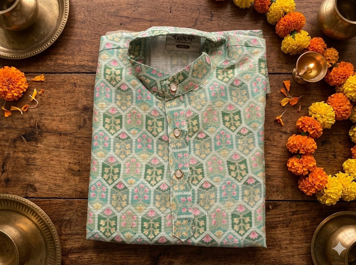 Boys’ Premium Festive Mint Green Geometric 2-Piece Kurta Pyjama Set