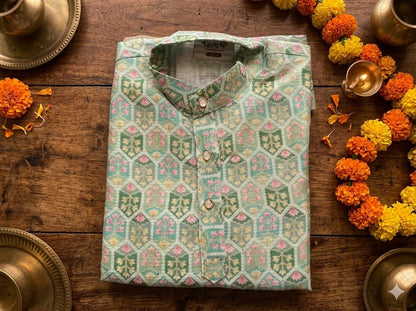 Boys’ Premium Festive Mint Green Geometric 2-Piece Kurta Pyjama Set