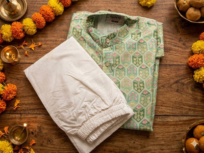 Boys’ Premium Festive Mint Green Geometric 2-Piece Kurta Pyjama Set