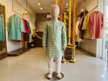 Boys’ Premium Festive Mint Green Geometric 2-Piece Kurta Pyjama Set