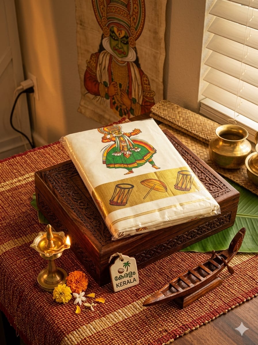 Kuthampully Cotton Kasavu Saree with Kathakali Mural Art - Meera's Mini Mavericks