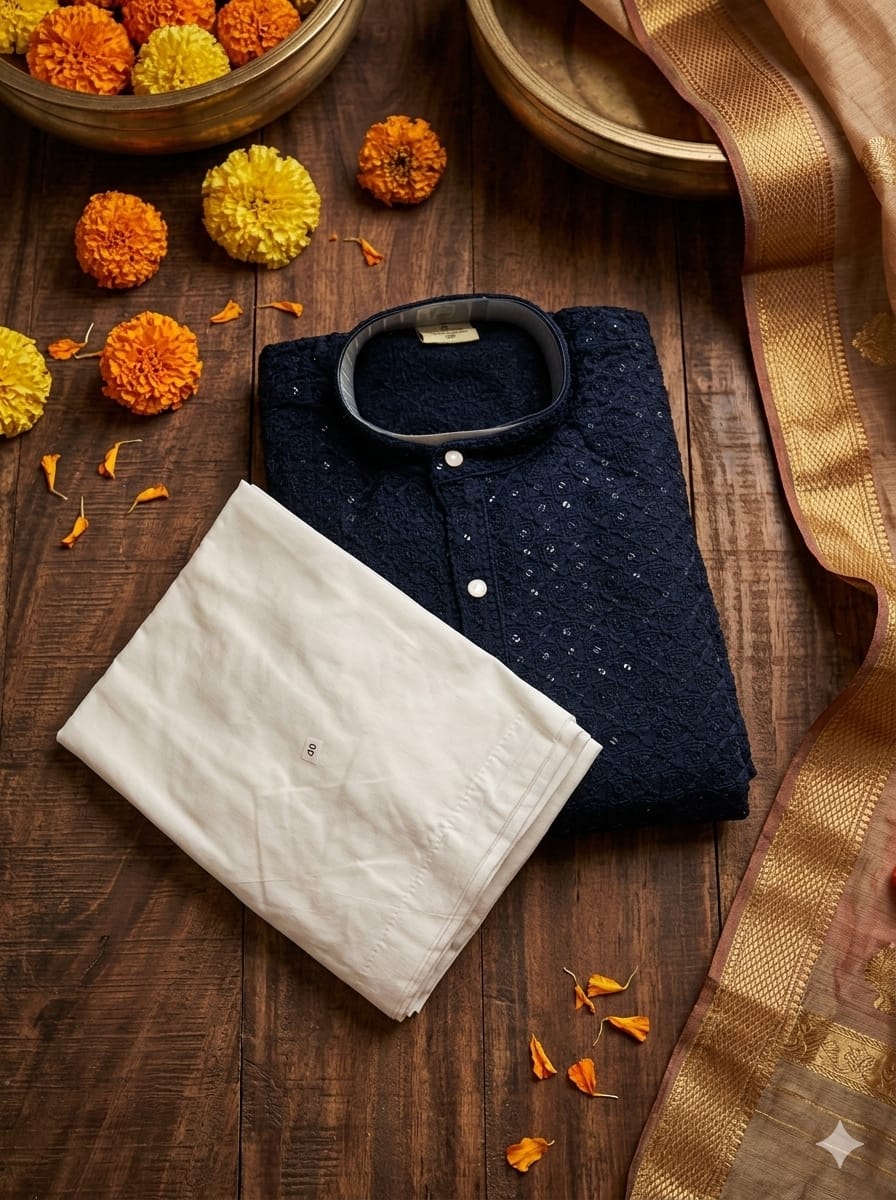 Youth Premium Festive Navy Blue Chikankari 2-Piece Kurta Pyjama Set