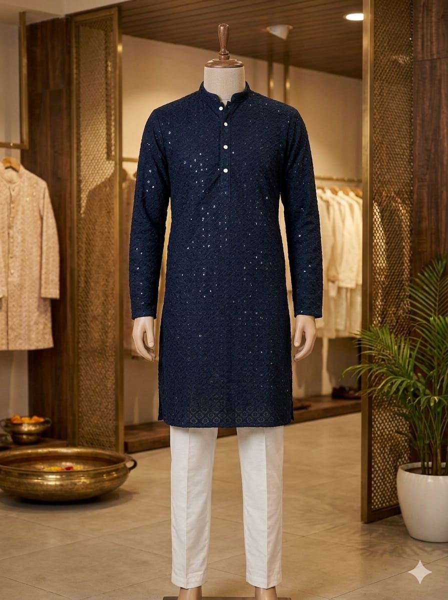 Youth Premium Festive Navy Blue Chikankari 2-Piece Kurta Pyjama Set