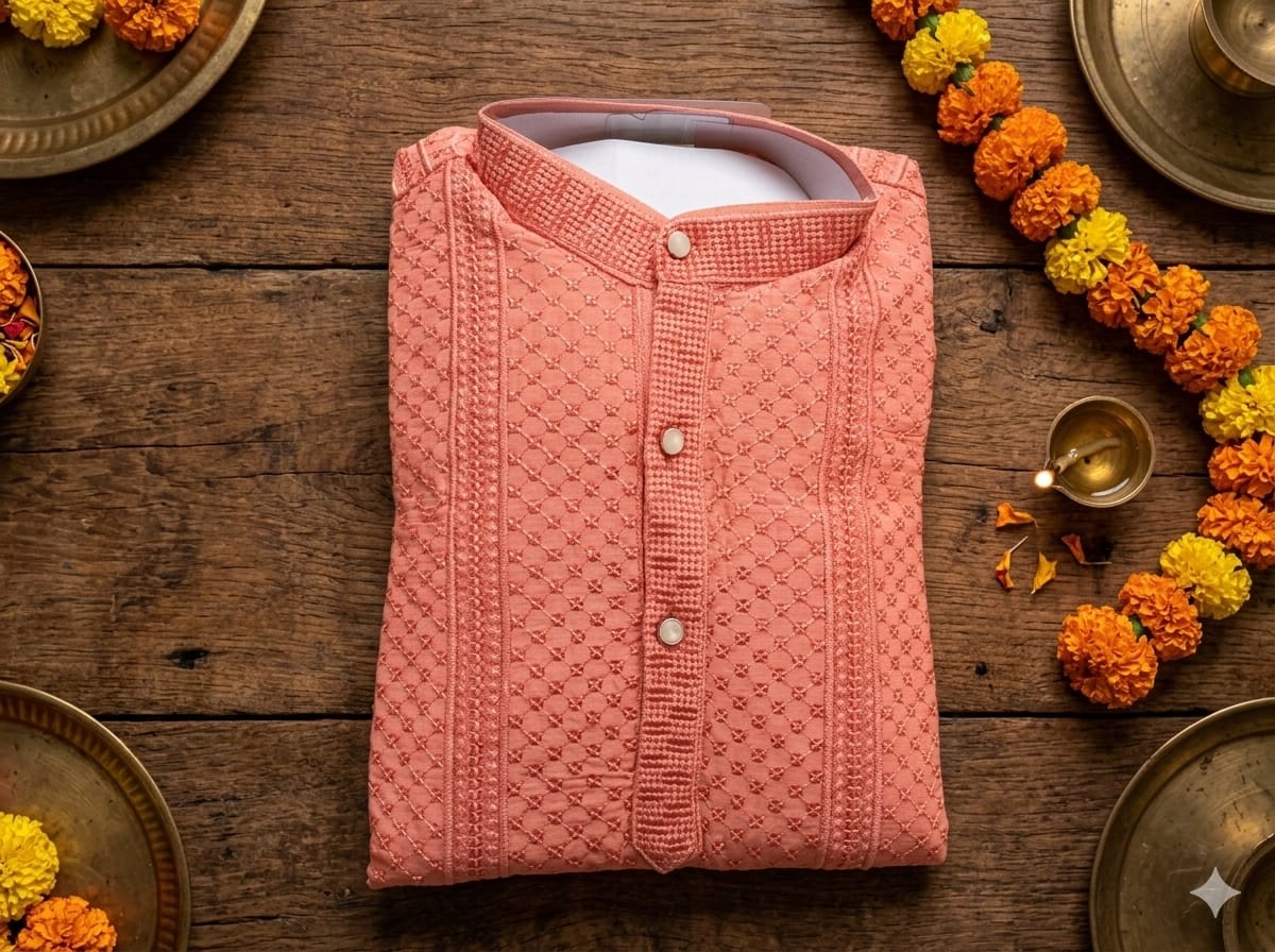 Youth Premium Festive Peach Chikankari 2-Piece Kurta Pyjama Set