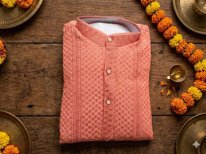 Youth Premium Festive Peach Chikankari 2-Piece Kurta Pyjama Set