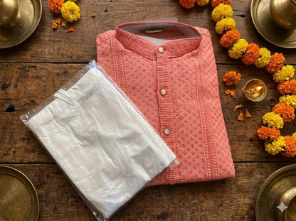 Youth Premium Festive Peach Chikankari 2-Piece Kurta Pyjama Set