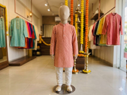 Youth Premium Festive Peach Chikankari 2-Piece Kurta Pyjama Set