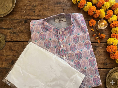 Boys’ Premium Festive Lavender Geometric 2-Piece Kurta Pyjama Set