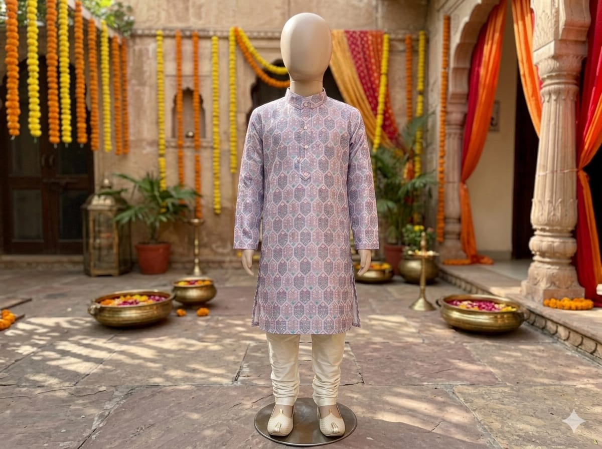 Boys’ Premium Festive Lavender Geometric 2-Piece Kurta Pyjama Set