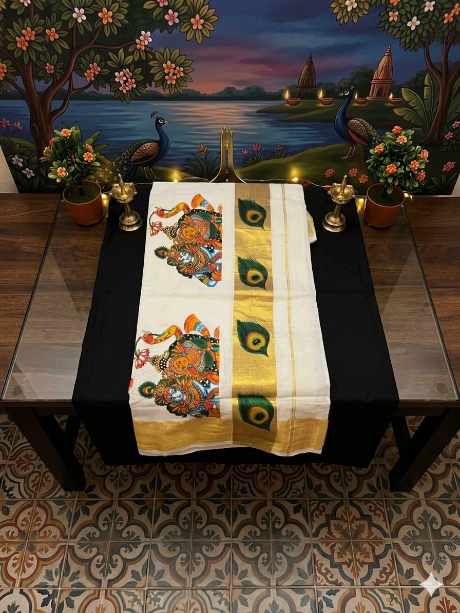 Krishnan and Radha: Kuthampully Kerala Kasavu Cotton Mural Saree. - Meera's Mini Mavericks