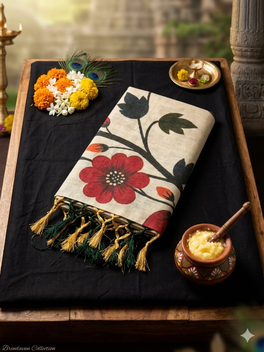 The Crimson Bloom: Kuthampully Tissue Kerala Saree with Flower Motif - Meera's Mini Mavericks