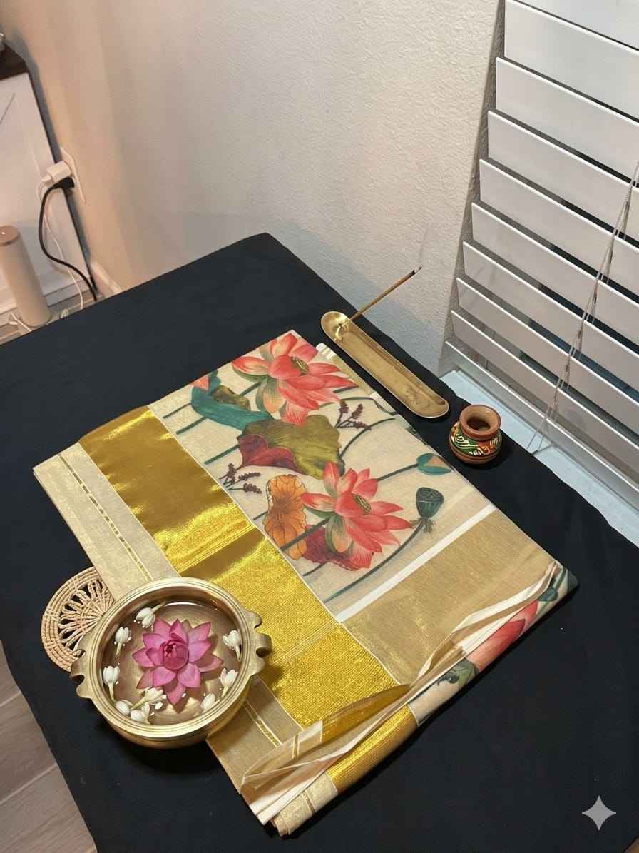 The Eternal Bloom: Kuthampully Tissue Kasavu Saree